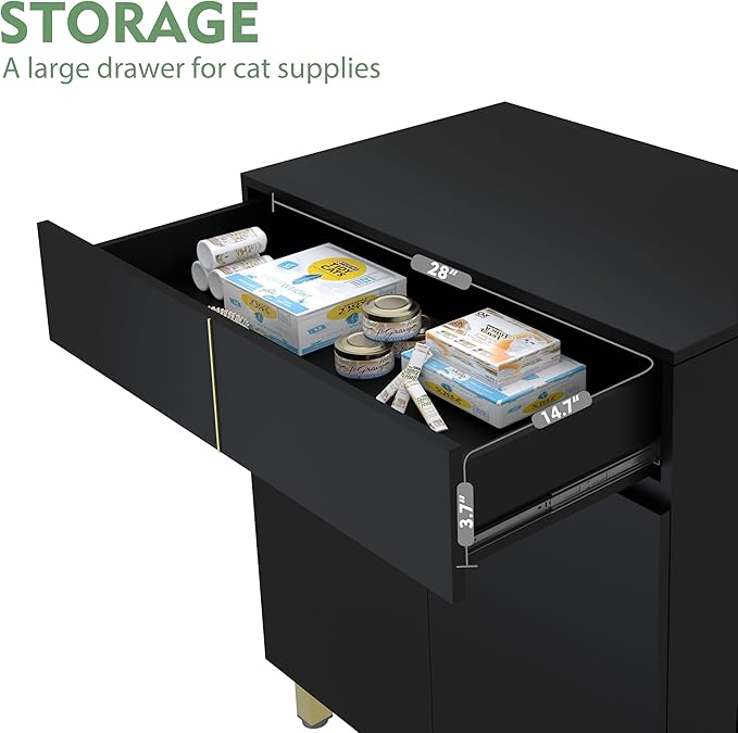 Large/Tall Litter Box Enclosure, Modern Wooden Litter Box Furniture for XL Litterbox with Drawer as Sideboard Cabinet (Black)
