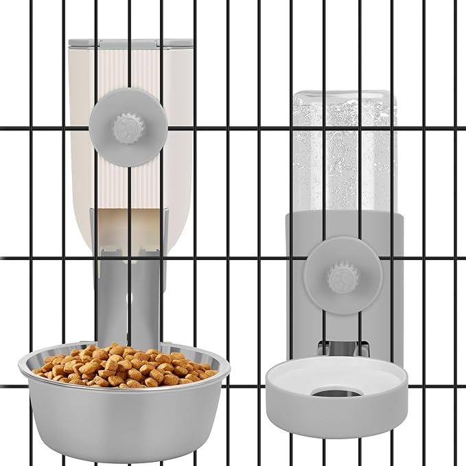 Yummy Sam Hanging Cage Automatic Small Pet Food Bowl Water Bottle Dispenser, Kennel 500ML Waterer and Auto Gravity Pet Feeder Set with Separate Food Bowl Crate Feeder Dish for Puppy Cats Rabbit (Grey)