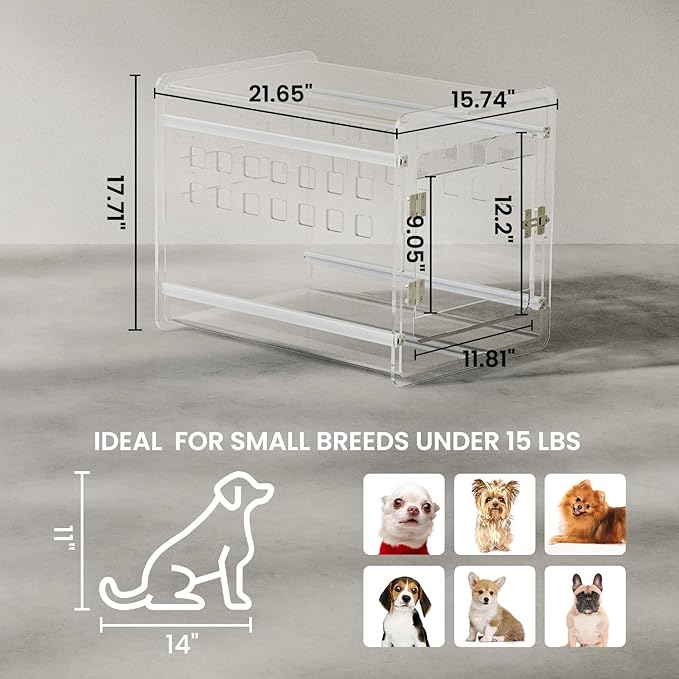 Sumerflos Clear Acrylic Dog Crate - Modern Dog Kennel Furniture, Indoor End Table Dog Crate Lockable Ventilated for Most Small Dog Cat Pet, 21.65" L x 15.74" W x 17.71" H