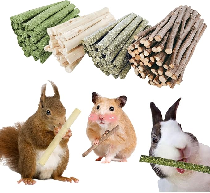 Bunny Chew Stick Rabbit Toy Treat 140g 4 in 1 Molar Stuff Organic Natural Snack Apple Branch Sweet Bamboo Timothy Hay Alfalfa Food Clean Teeth Hamster Chinchilla Parrot Gerbil Squirrel
