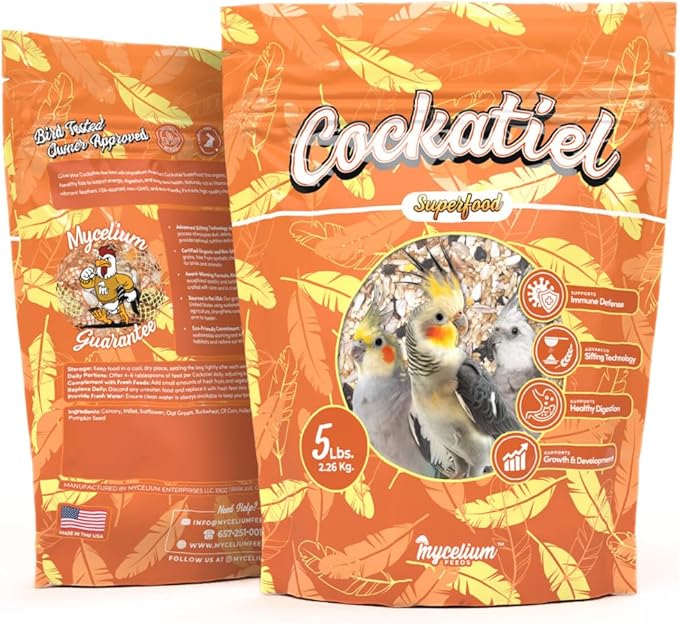 Mycelium Organic Cockatiel Superfood Bird Seed (5 LBS) | Premium Bird Food for Cockatiels & Small Parrots | Supports Immunity, Digestion & Development | Non-GMO, No Fillers, Made in USA