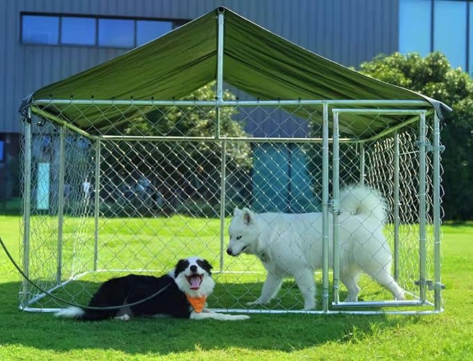 Outdoor Dog Enclosure Heavy Duty Dog Kennel House Mesh Dog Big Cage Pet Kennel Steel Fence with Secure Lock(9.84'x 9.84')