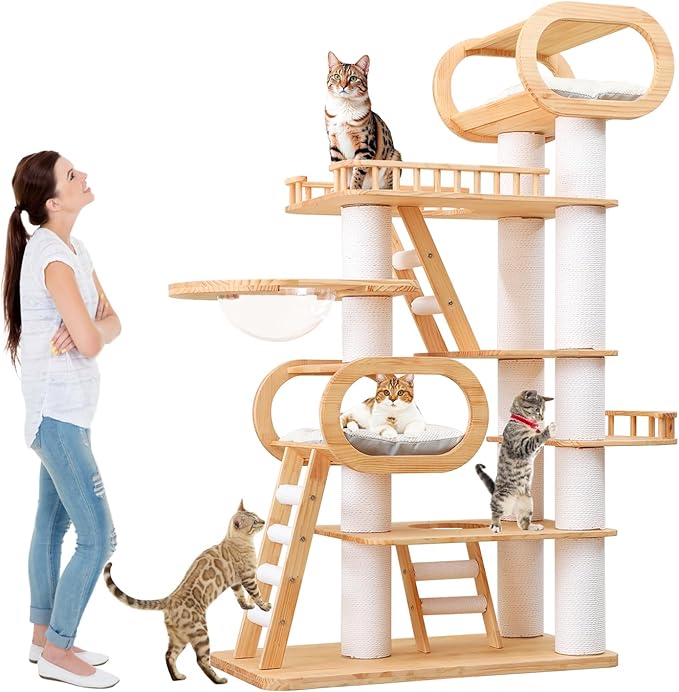 77‘’ Modern Cat Tree, Tall Wood Cat Tower for Indoor Cats Large Adult, Heavy Duty Cat Tree with Scratching Post, Luxury Kitty Condo, Sturdy Cat Furniture with 1 Transparent Bed and 3 Climb Labber