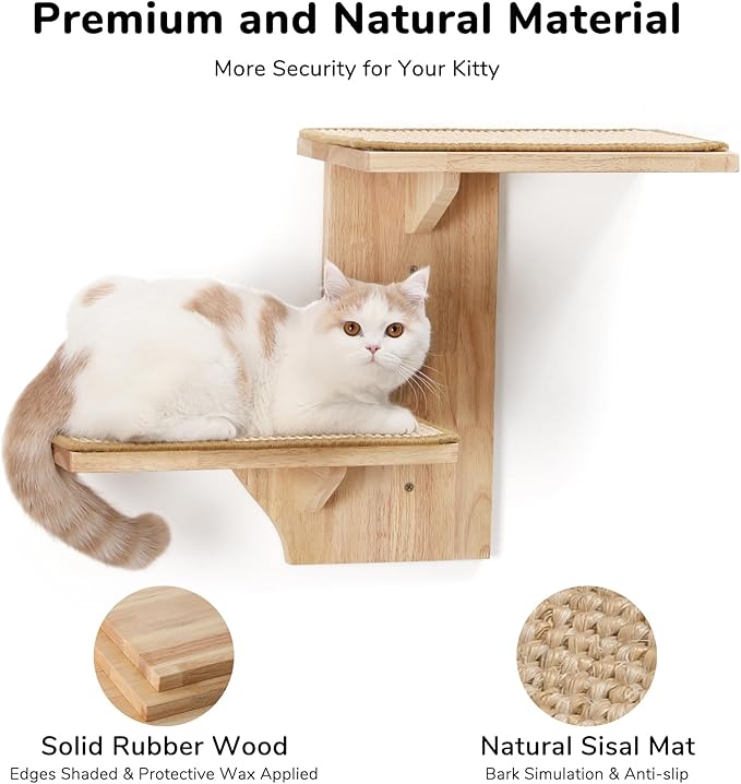 FUKUMARU Cat Wall Shelves, 2 Platform Kitten Wall Furniture, Tree Shape Wall-Mounted Floating Shelf with Sisal Mat, Solid Rubber Wood Cats Perch for 16 Inch Drywall, Suitable for Climb, Play, Nap