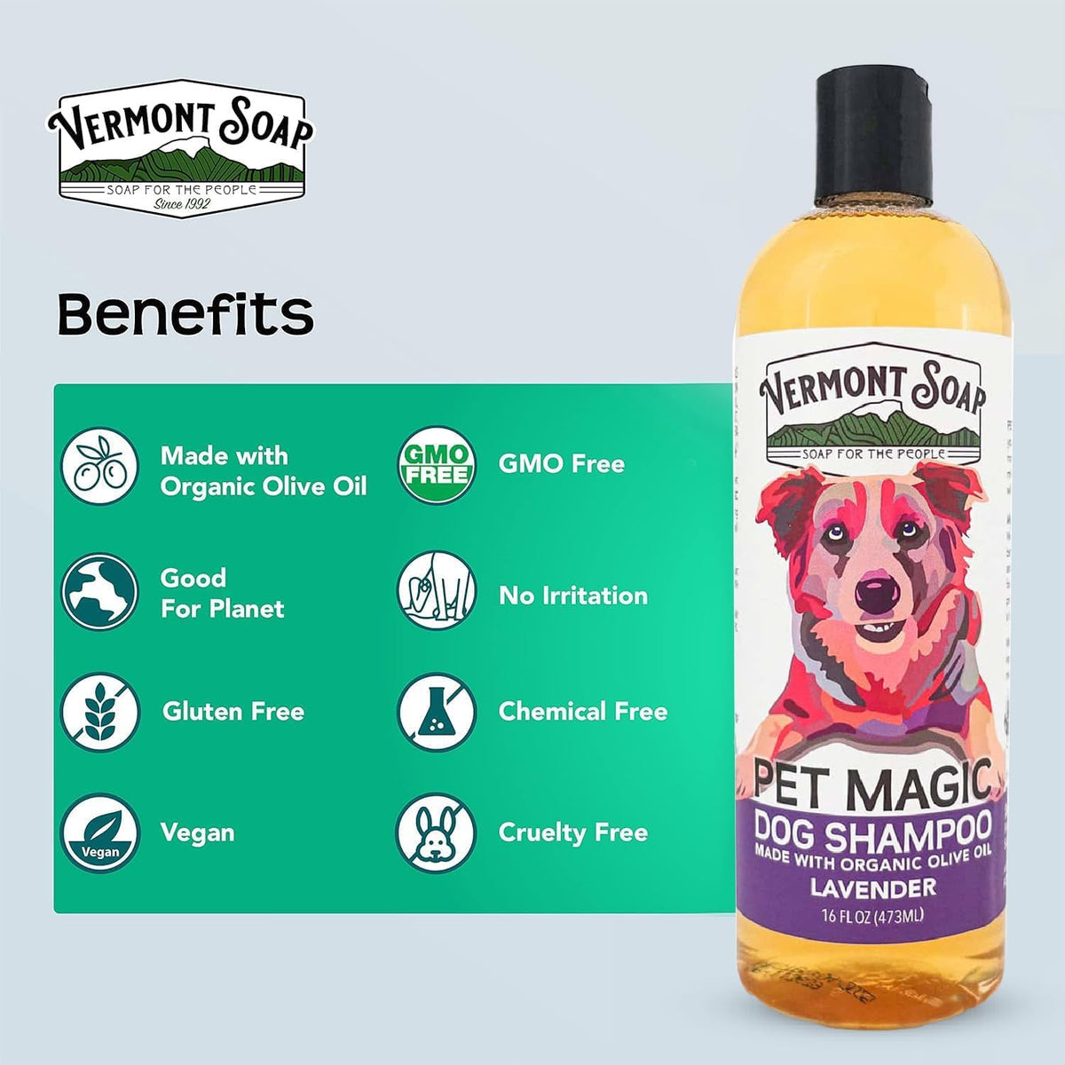 VERMONT SOAP Organics Pet Shampoo - Infused with Organic & Natural Olive Oil, Coconut & Aloe Vera Dog Shampoo for Sensitive Skin - USDA Certified Grooming Pet Shampoo - Lavender (16oz)