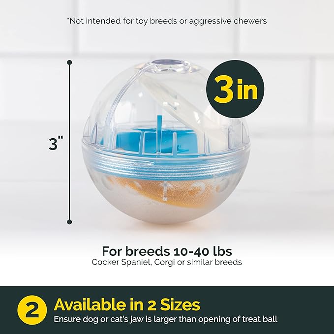 Pet Zone IQ Treat Ball Interactive Dog Ball - 3" Puzzle Treat Dispenser, Durable, Slow Feeder, for All Dog Breeds, Toys to Keep The Busy and Enrichment