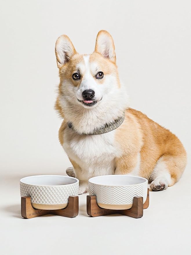 Ceramic Dog Bowl Set, 4 Cups Food and Water Bowl for Medium Small Dogs, Cute Pet Dishes with Wood Stand, Rhombus+Wave Design (Set of 2)