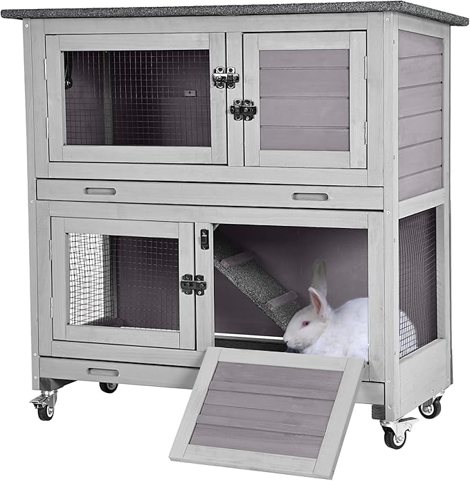 Rabbit Hutch Outdoor Indoor Bunny Cage 2 with Large Pull-Out Trays 2 Story Guinea Pig Cage on Wheels- Move Freely