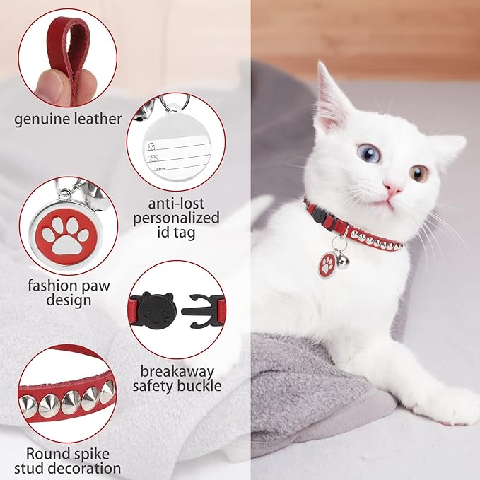 Leather Personalized Breakaway Cat Collar with Studded Bell and Safety Quick Release Buckle - Rivets Studded ID DIY Collars for Boy Girl Cats Kittens, 9" - 11.5" Red