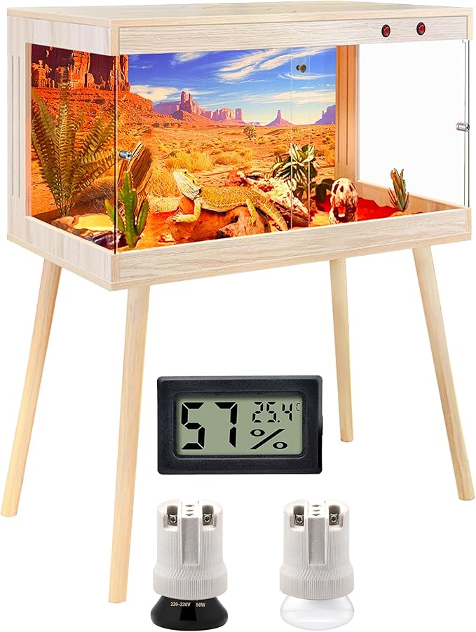 Royxen Tempered Glass Bearded Dragon Tank,24 Gallon Reptile Tank with Leg Stand,Built-in Lighting Reptile Enclosure Scartch-Proof Bearded Dragon Encloure for Chameleon,Snake,Lizard(Oak,24"x 16"x 16")