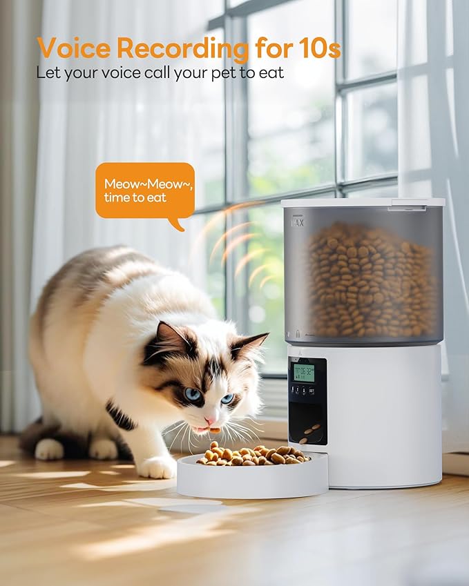 Automatic Cat Feeder Food Dispenser: 6L Timed Small Dog Dry Food Dispenser with 10s Voice - Distributeur Nourriture Chat Hund Programmable - Auto Pet Feeder with 1-6 Meals White