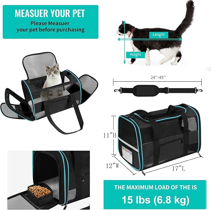 Soft - Sided Pet Carrier for Cats and Small Dogs, Airline - Approved, Black Travel Tote with Mesh Windows, Foldable Bowl, Shoulder Strap, Oeko - TEX Certified