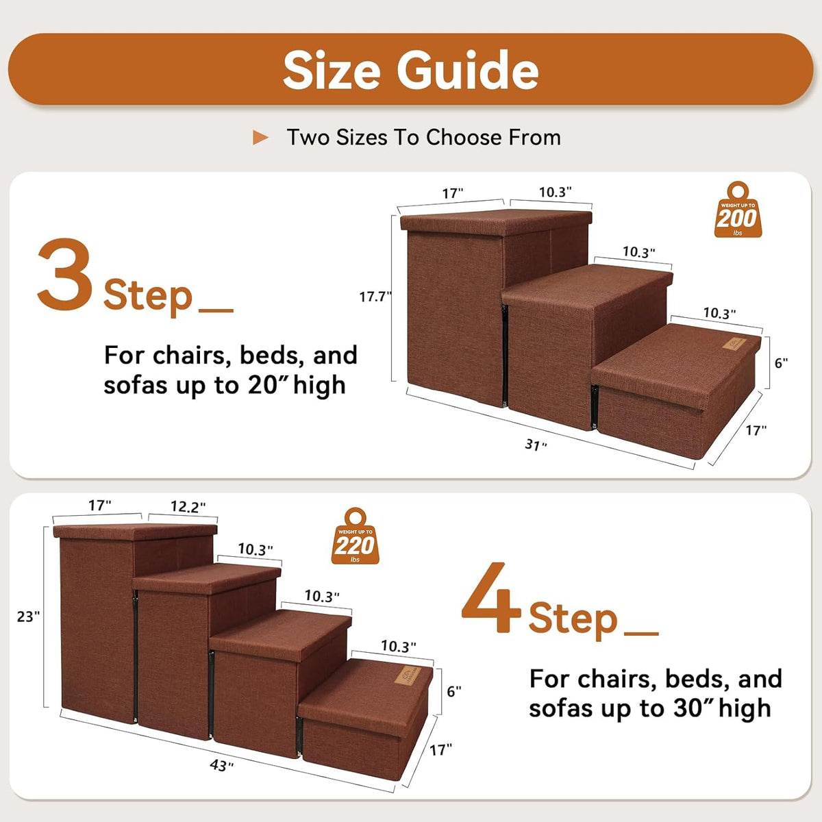 Dog Stairs with Storage 18" H, 3-Step Wider Dog Steps for Small/Medium/Large Old Dogs Cats, Folding Sturdy Pet Stairs Climbing Bed Couch, Ramp for Car Hold Up to 200 lbs (Brown, No Condo)