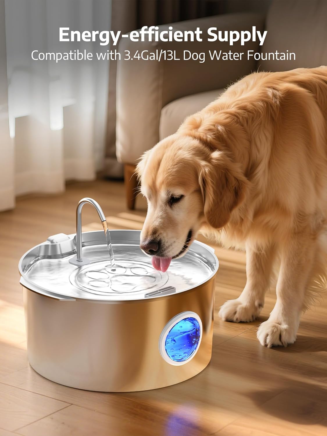3.4Gal Dog Water Fountain for Large Dogs, Extra Large Stainless Steel Pet Water Fountain, Round Dog Water Bowl Dispenser with Metal Handle, Water Level Window for Multi Pet Home(Water Pump)