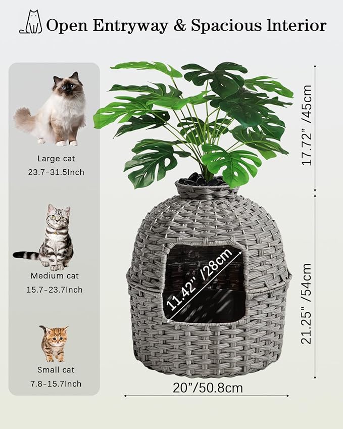Cat Litter Box Plant Enclosure, Hidden Handwoven Rattan with Cat Litter Box Furniture and Artificial Plants, Odor Control Filter, Real Stones in Living Room, Bedroom, Corner (Gray)