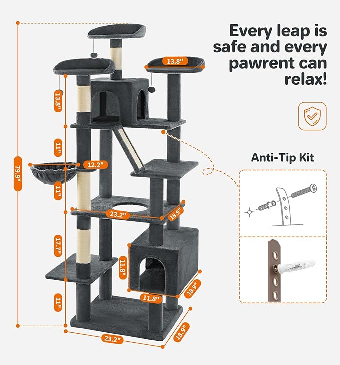 Made4Pets Tall Cat Tree, 80" Cat Tree Tower for Indoor Cats Large Adult, Modern Cat Tower with Scratching Post, Cozy Hammock, 3 Perches and 2 Condos, Sturdy and Fluffy, Dark Gray