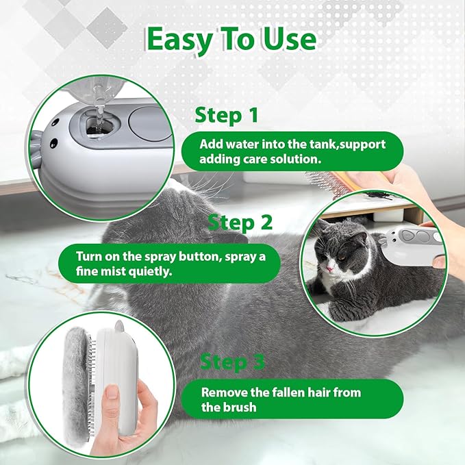 Cat Steam Brush with Release Button, 3 in 1 Rechargeable Pet Spray Water Comb for Long & Short Hair Removal, Self Cleaning Slicker Vapor Brush for Indoor Cats Dogs Rabbits Shedding Grooming