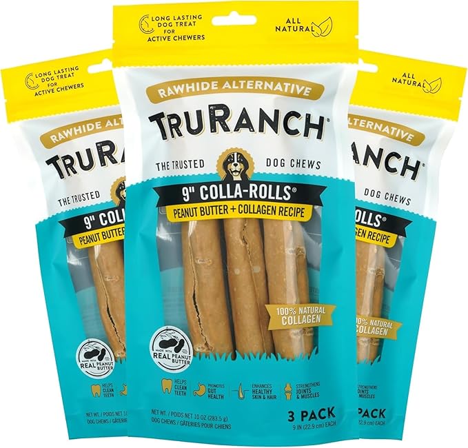 Collagen Rolls - 9" Collagen Rolls for Dogs - Long Lasting Healthy Joint Support - Rawhide Alternative - Skin & Coat Health - Made with Real Peanut Butter, Value Pack, 3 Bags, 9 Count