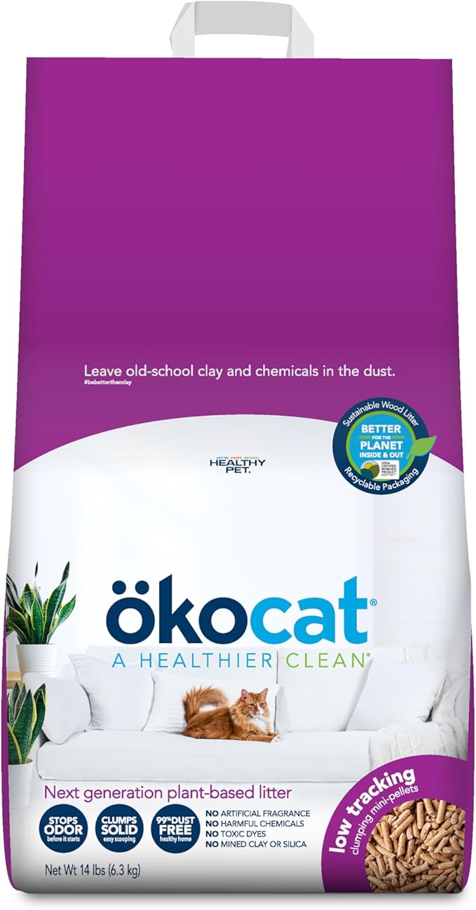 ökocat Less Mess Low Tracking Wood Clumping Cat Litter Mini- Pellets, Unscented, 14 pounds - Natural Ingredients, Stops Odor, Clumps Solid, 99% Dust Free, Great for Long-Hair Breeds