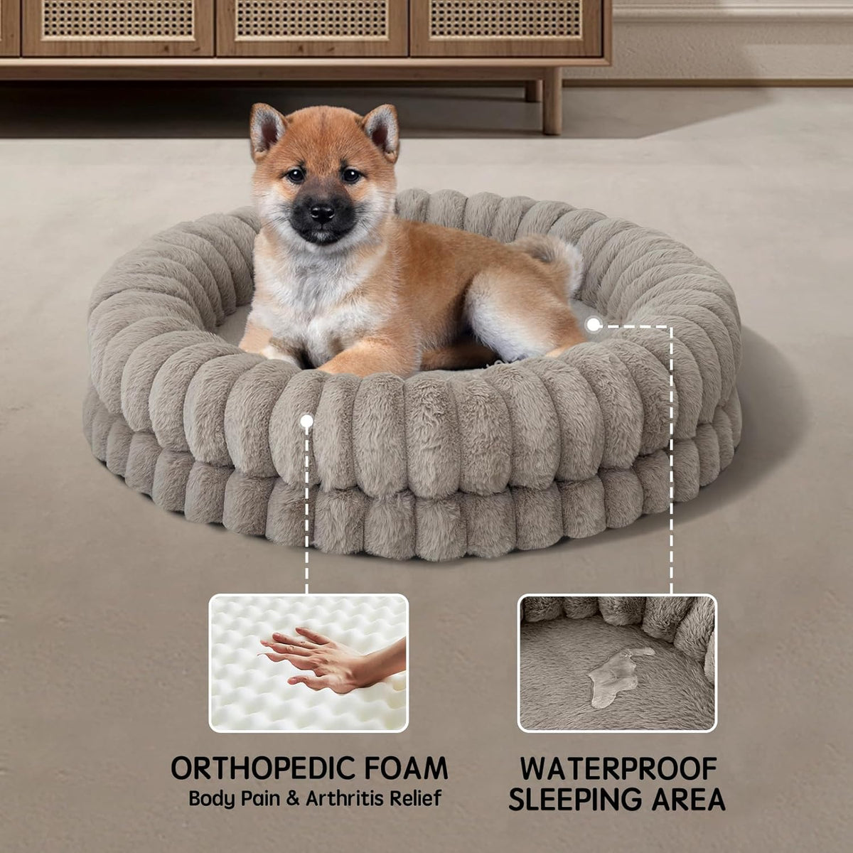 BALANCE Luxury Donut Dog Bed, 30 Inches Round Dog Bed Medium Size Dogs Washable, Orthopedic Calming Dogs Bed for Pets with Anti-Slip Bottom, Oatmeal