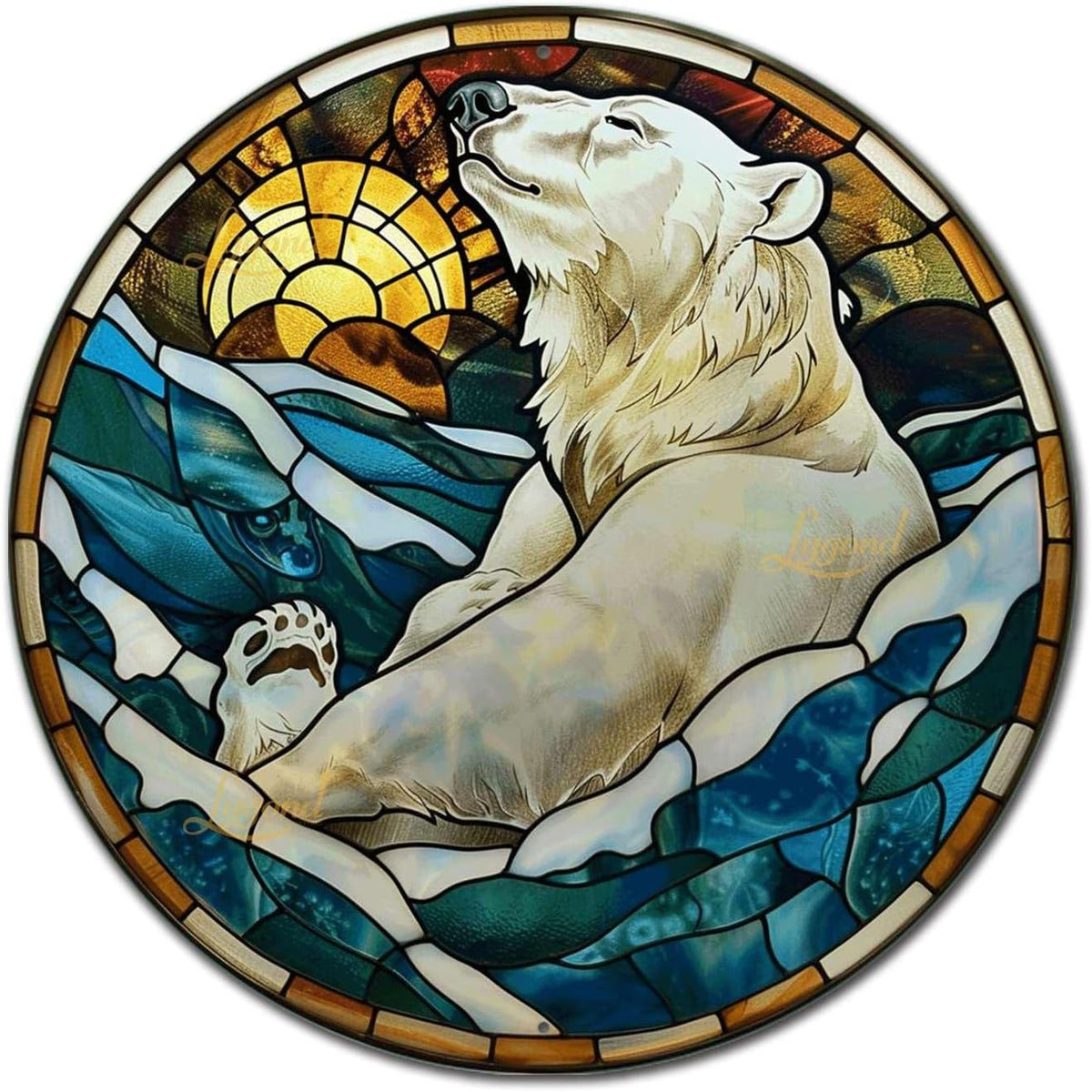 Lygond Metal Polar Bear Toilet Decor - Circular Stained Glass Tin Sign, 1212 Inches