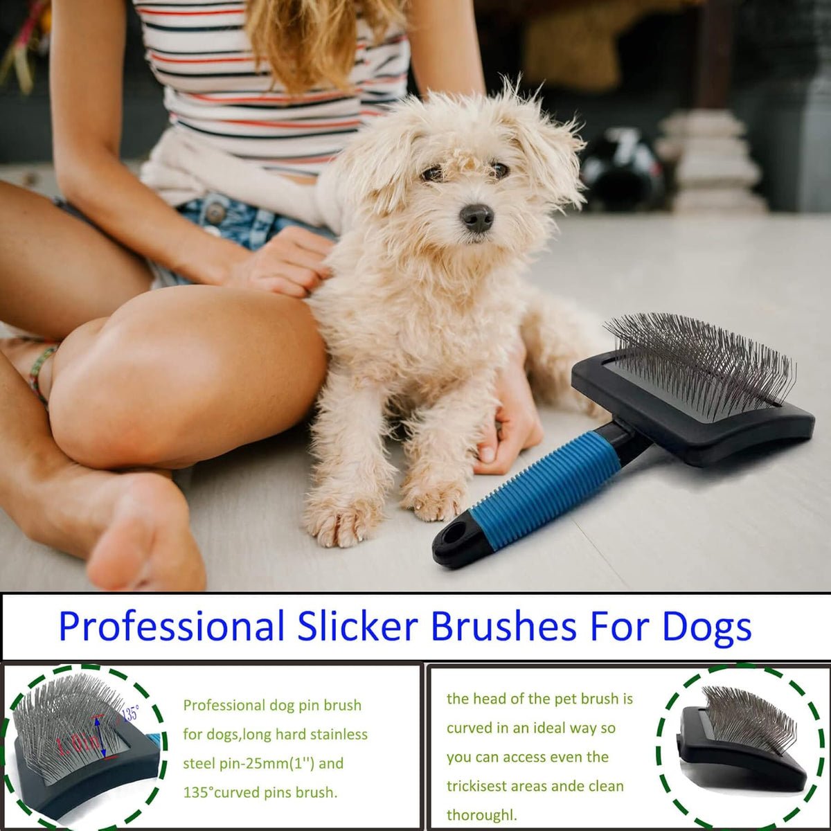 Dog Brush for Long Haired Dogs - Large Firm Slicker Brushes for Poodles, Goldendoodles & Shedding Grooming - Soft Massage Stainless Steel Pins (25mm/1") - Gentle Pet Grooming Wire