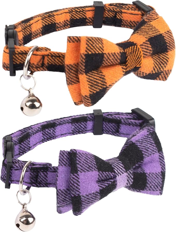 ADOGGYGO Halloween Cat Collars Breakaway with Removable Bowtie Bell, 2 Pack Orange Purple Plaid Halloween Bow Collar for Cats Kittens