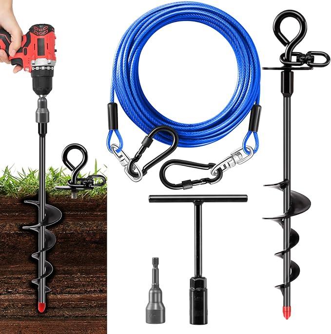 Heavy Duty Dog Tie Out Cable and Stake,16FT Rust Proof Dog Leads Tether for Yard with Swivel Hook,360°Swivel Spiral Dog Stake&Chain Up to 200 lbs,Removable Ground Anchor for Outdoor Beach Camping