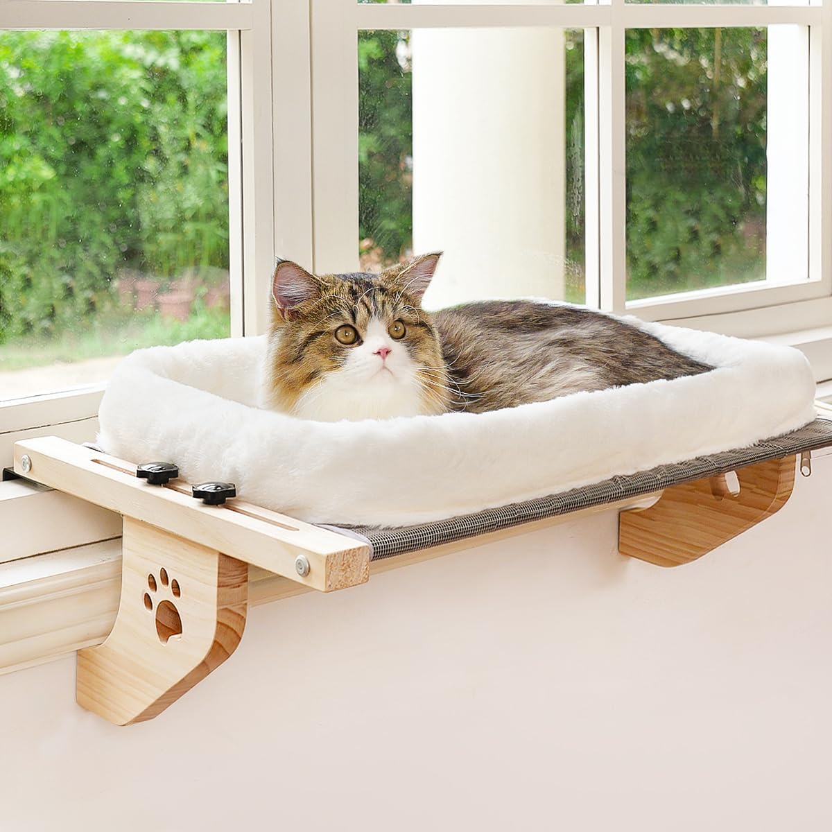 AMOSIJOY Cat Sill Window Perch Sturdy Hammock Window Seat with Cushion Cover, Wood & Metal Frame for Large Cats, Easy to Adjust Cat Bed for Windowsill, Bedside, Drawer and Cabinet (XL)