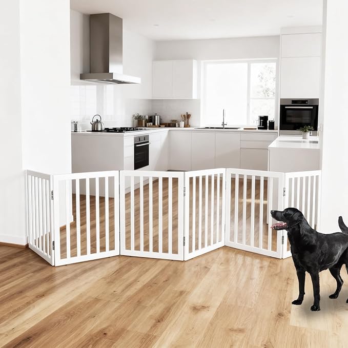 ZJSF Freestanding Indoor Dog Gate for House Foldable Wood White Puppy Gate for Doorways Pet Gate for Stairs Extra Wide Pet Fence 24" Height 6 Panels