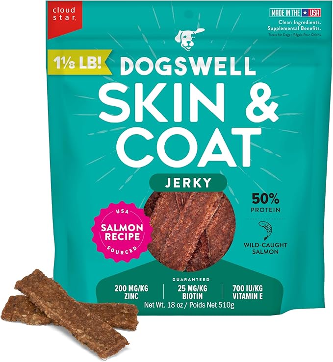 DOGSWELL Jerky Treats for Dogs, Skin and Coat Salmon Recipe 18 oz., 29235