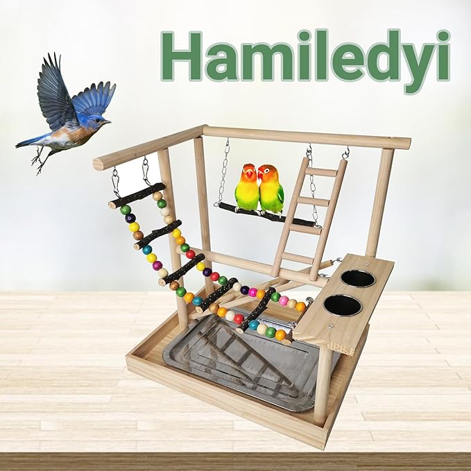 Hamiledyi Parrots Playground Bird Play Gym Wood Perch Stand Colours Climb Ladders Swing Chewing Toys with Parakeet Feeding Cups Exercise Activity Center for Conure Cockatiel Lovebirds(Include a Tray)