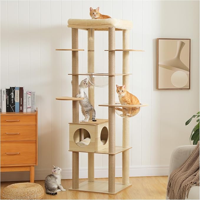 71" Tall Wood Cat Tree for Large Cats, Modern Cat Tower with 2 Acrylic Bowls, Large Top Perch, Spacious Cat Cave (Soft Cushion Included), 10 Sisal Scratching Posts and Non-Slip Jump Platforms