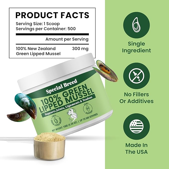 Green Lipped Mussel Powder for Dogs & Cats - 100% New Zealand Green Lipped Mussels - Natural Hip & Joint Supplement for Joints, Tendons, Ligaments, Muscles - 150 Grams - Up to 500 Servings