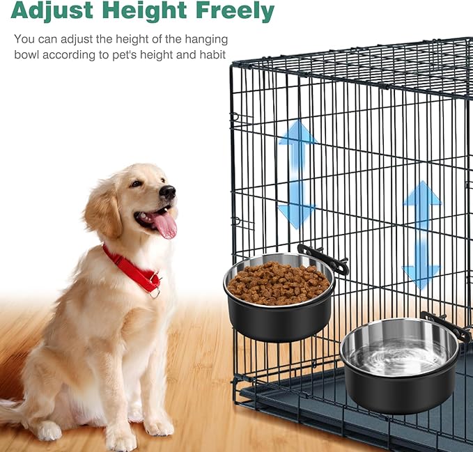 Dog Crate Water Bowl No Spill, 2 Pack Dog Crate Bowls Hanging, Kennel Water Food Bowls Mountable, Pet Cage Accessories Feeder Dish, Stainless Steel Coop Cup for Cat Puppy Bunny Guinea Pig Ferret Bird