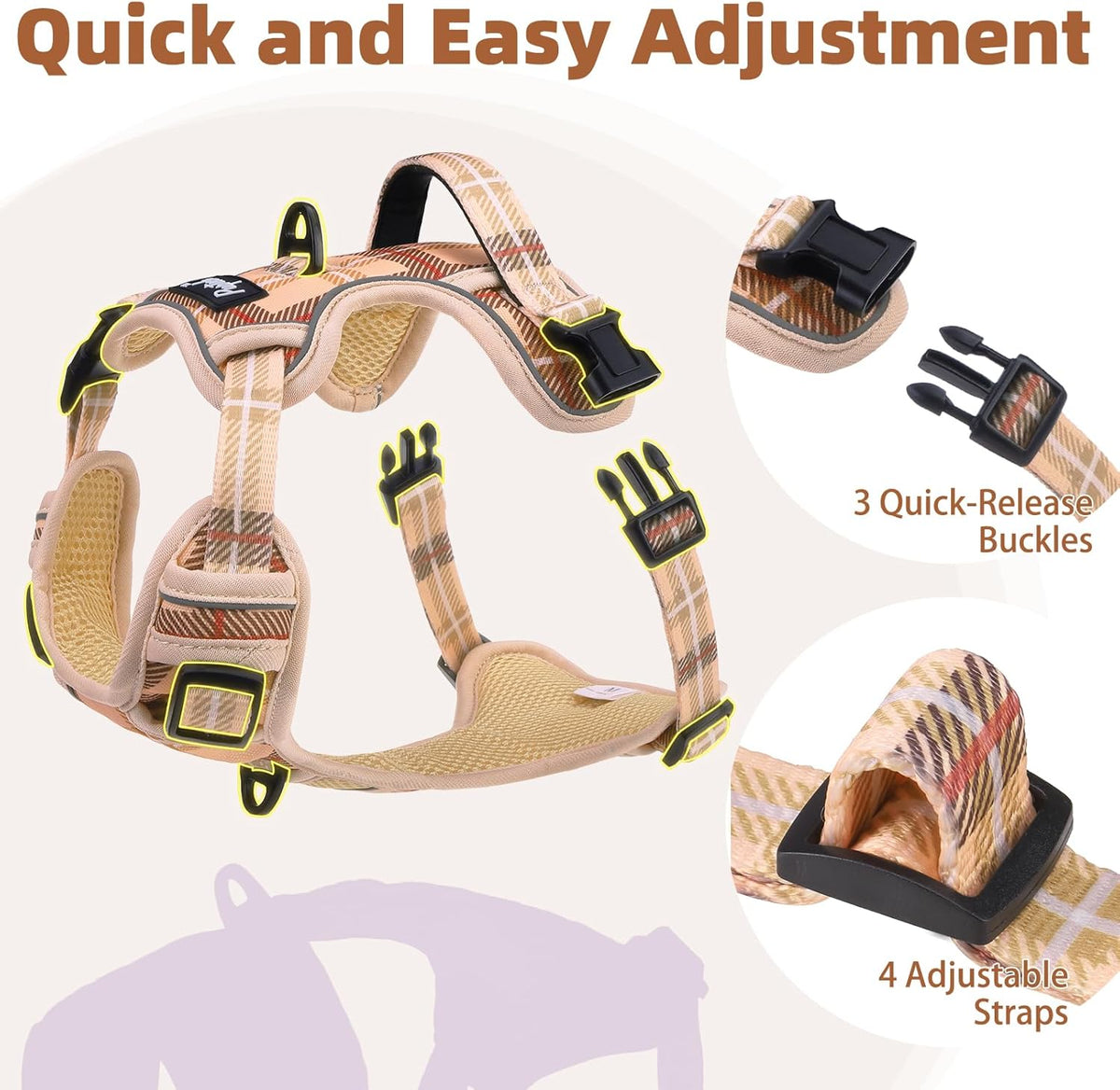 PUPTECK No Pull Dog Harness Medium Sized, Adjustable Reflective Dog Harness with Handle Easy Control, Comfortable Soft Padded Pet Vest Harness for Medium Dogs, Plaid Beige M