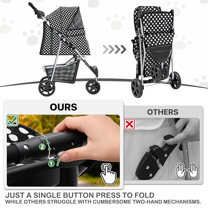 MoNiBloom 3 Wheels Pet Dog Cat Stroller for Small Medium Dogs Cats, Foldable Jogger Stroller w/Storage Basket and Cup Holder, Black Polka Dots