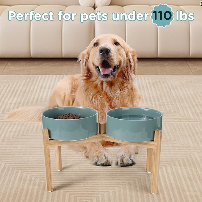 SPUNKYJUNKY Elevated Dog Bowls Ceramic, 8.3'' Dogs Food Water Bowls Raised with Non-Slip Bamboo Stand for Large Sized Breed Microwave Dishwasher Safe - 60 OZ,Dark Green