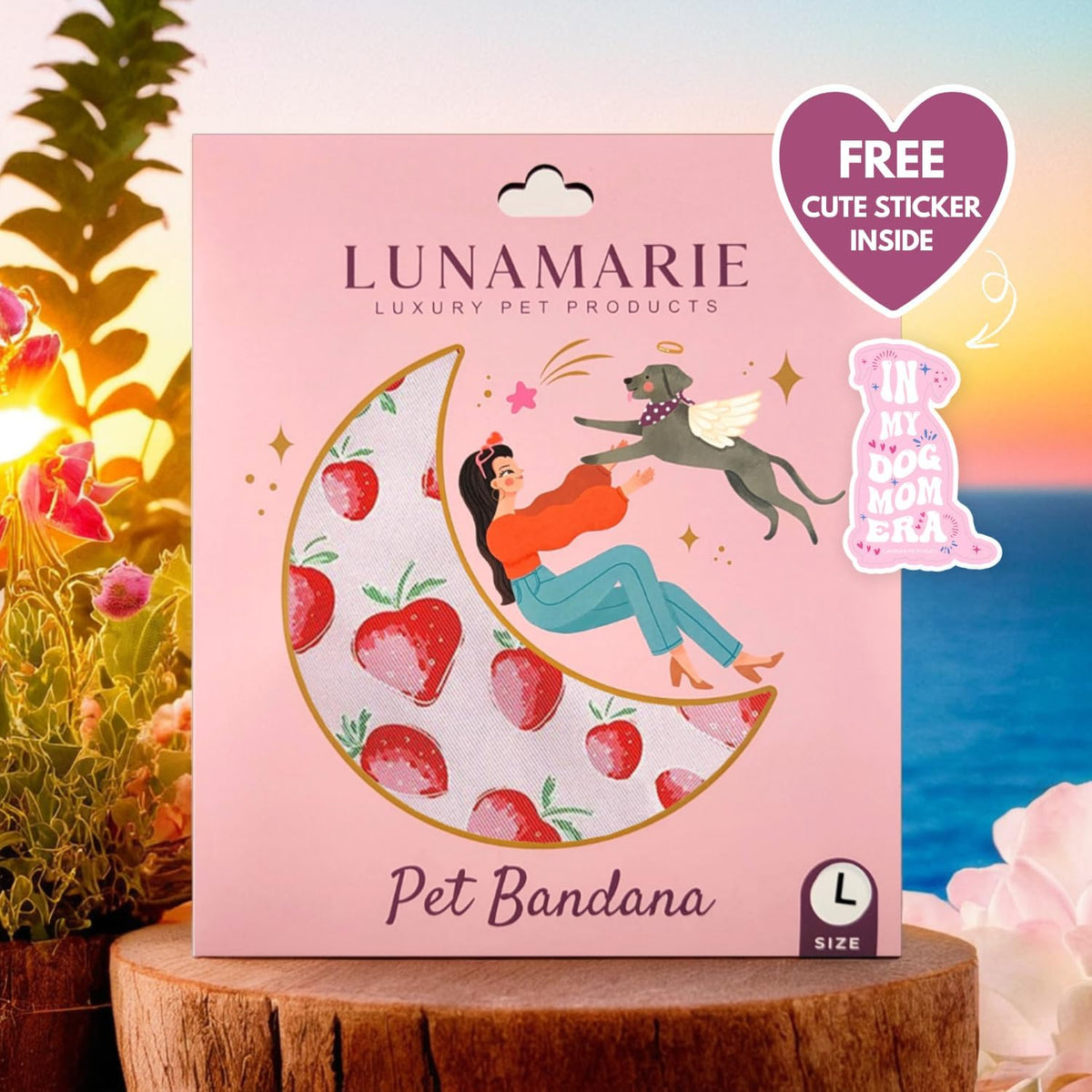 LunaMarie - Luxury Dog Bandanas - Cute Unique Designs | Premium & Silky Poly Fabric | 100% Handmade Custom Shape Dual Layered Small, Medium, Large Cat Scarf (Strawberry, Large)