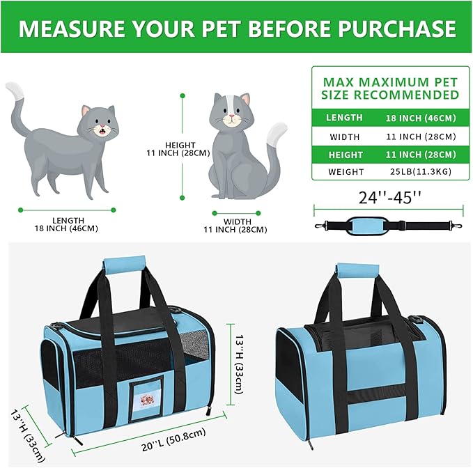 Extra Large Pet Carrier 20 lbs+, Soft Sided Cat Carriers for Large Cats Under 25 lbs, Folding Big Dog Carrier 20"x13"x13", Cat Carrier for 2 Cats Travel Carrier -Large- Blue