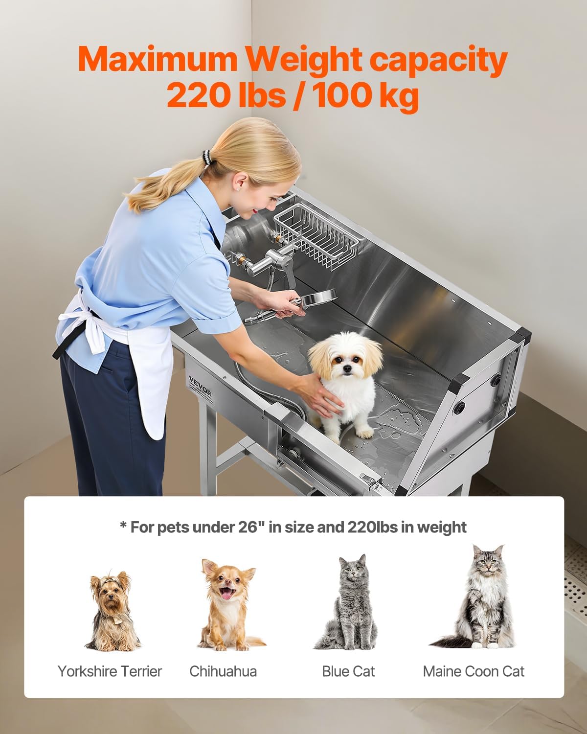 VEVOR Stainless Steel Dog Washing Station, 34 inch Pet Grooming Tub w/Storage Stairs, Faucet & Showerhead & Soap Holder Dog Bathtub, Pet Wash Station for Small Pets (Right Door)