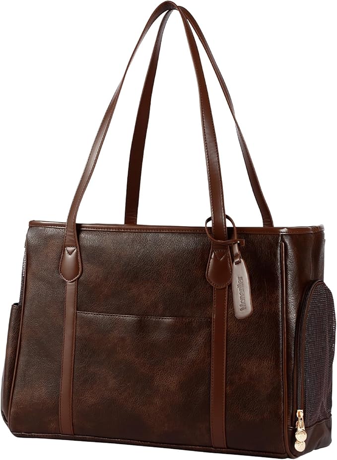 Stylish Dog Purse Carrier, Leather Pet Carrier Bag for Small Dogs Cats Puppy, Airline Approved Soft-Sided Carrier Coffee