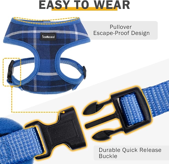 SCENEREAL Puppy Dog Harness with Leash Set for Small Medium Sized Dogs, Soft Mesh Step in Pet Harnesses and Leash, No Chock Plaid Adjustable No Pull Vest for Dogs Cats, Chihuahua,Bulldog (Blue XS)