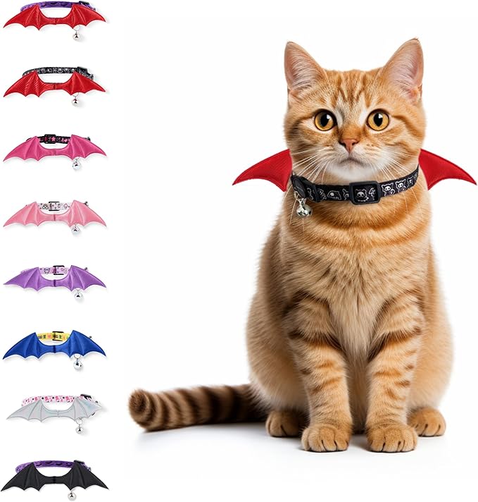 1 PC Bat Wing Cat Collar with Bell, Adjustable Kitten Collar with Safety Breakaway Buckle for Boy&Girl Cats, Halloween Christmas Cat Accessories for Kitten Puppy