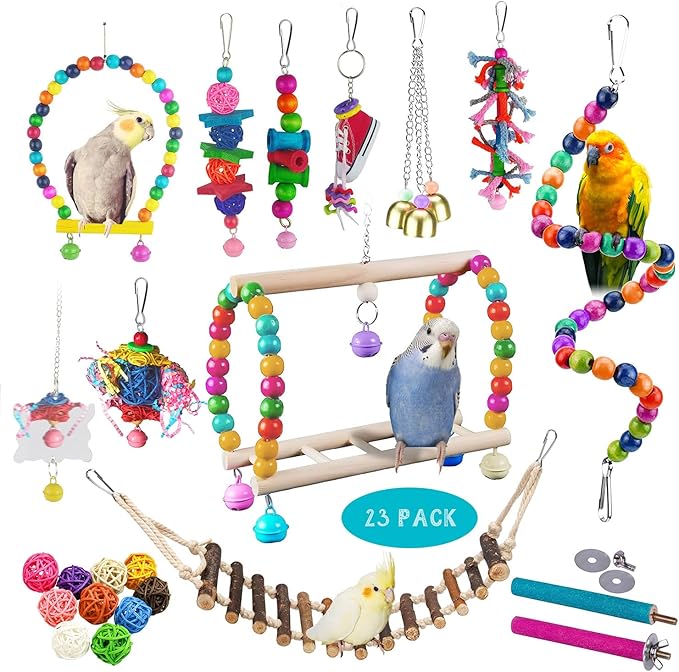 23pcs Bird Parakeet Cockatiel Toys,Parrot Swing Chewing Hanging Toy with Safe Bells,Bird cage Colorful Climbing Standing Rope Natural Wood Ladder Bungee Toys