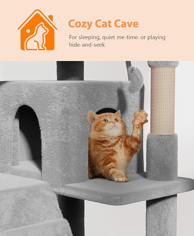 77'' Cat tree Tower for Indoor Cats Large Adult,Cute/Tall Modern Cat Tree for Big Cats 20 lbs,Plush Multi-Level Cat Condo with Scratching Posts,Dangling Ball for fun play(Light Gray, 77 inch)