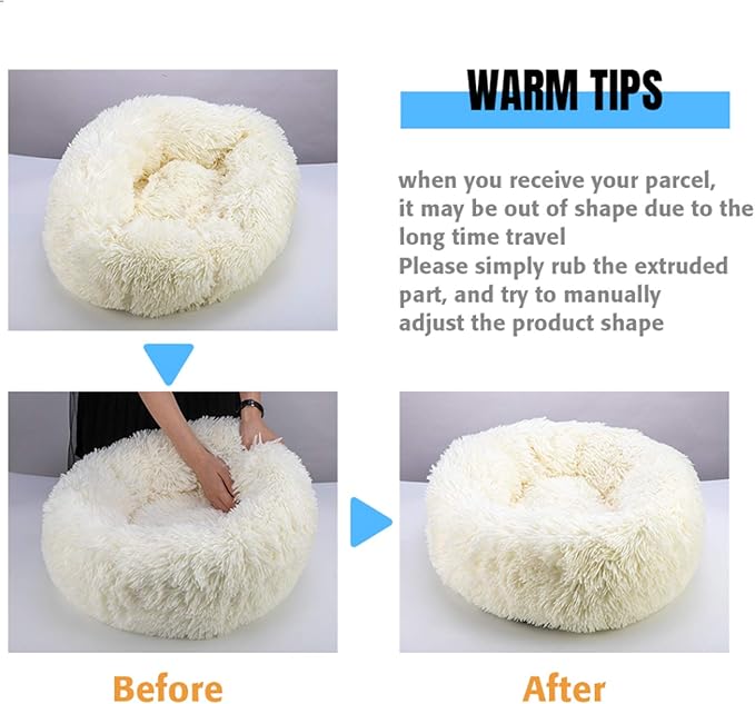huraty Plush Dog Bed Pet Calming Fur Bed, Fluffy Donut Round Cat Beds, Anti-Slip & Anti-Anxiety, 16 Inch for Puppy and Kitties, Khaki, XS