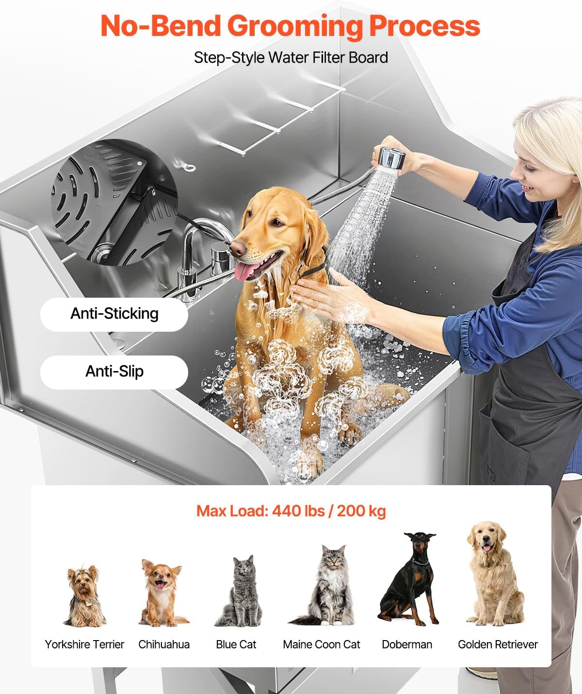 VEVOR Professional 304 Stainless Steel Dog Bathing Station, 50 inch Pet Grooming Tub w/Anti-Slip ramp, Storage Drawer, Cold Hot Faucet Showerhead, for Large & Medium & Small (Right Door, with Drawer)