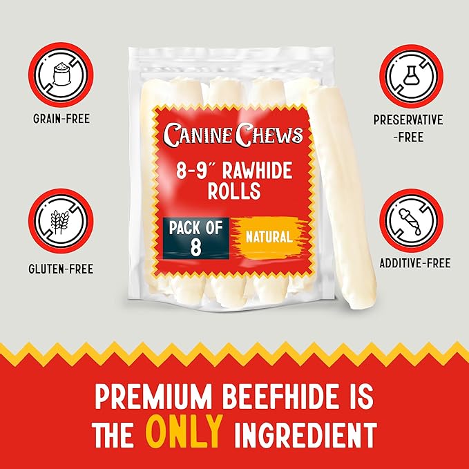 Canine Chews 8-9" Retriever Roll Rawhide Bones for Large Dogs - Durable, Thick Rawhide Bones, Quality Dog Rawhide Chews for Medium to Large Dogs, Thick Size Keeps Dogs Occupied (8 Pack)