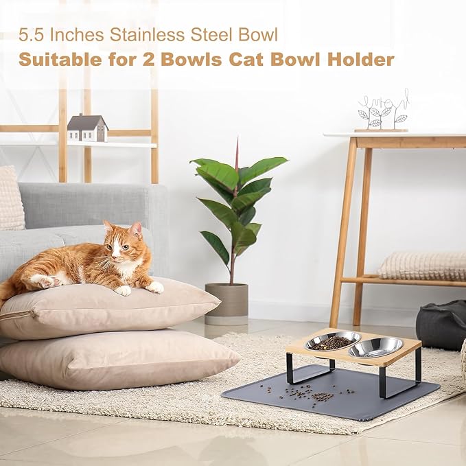 Stainless Steel Raised Cat Food Bowl for 2 Bowls, 5.5-Inch Replaceable Cat Bowl, Pack of 2 （Not fit 4.7 inch 3 Bowls）